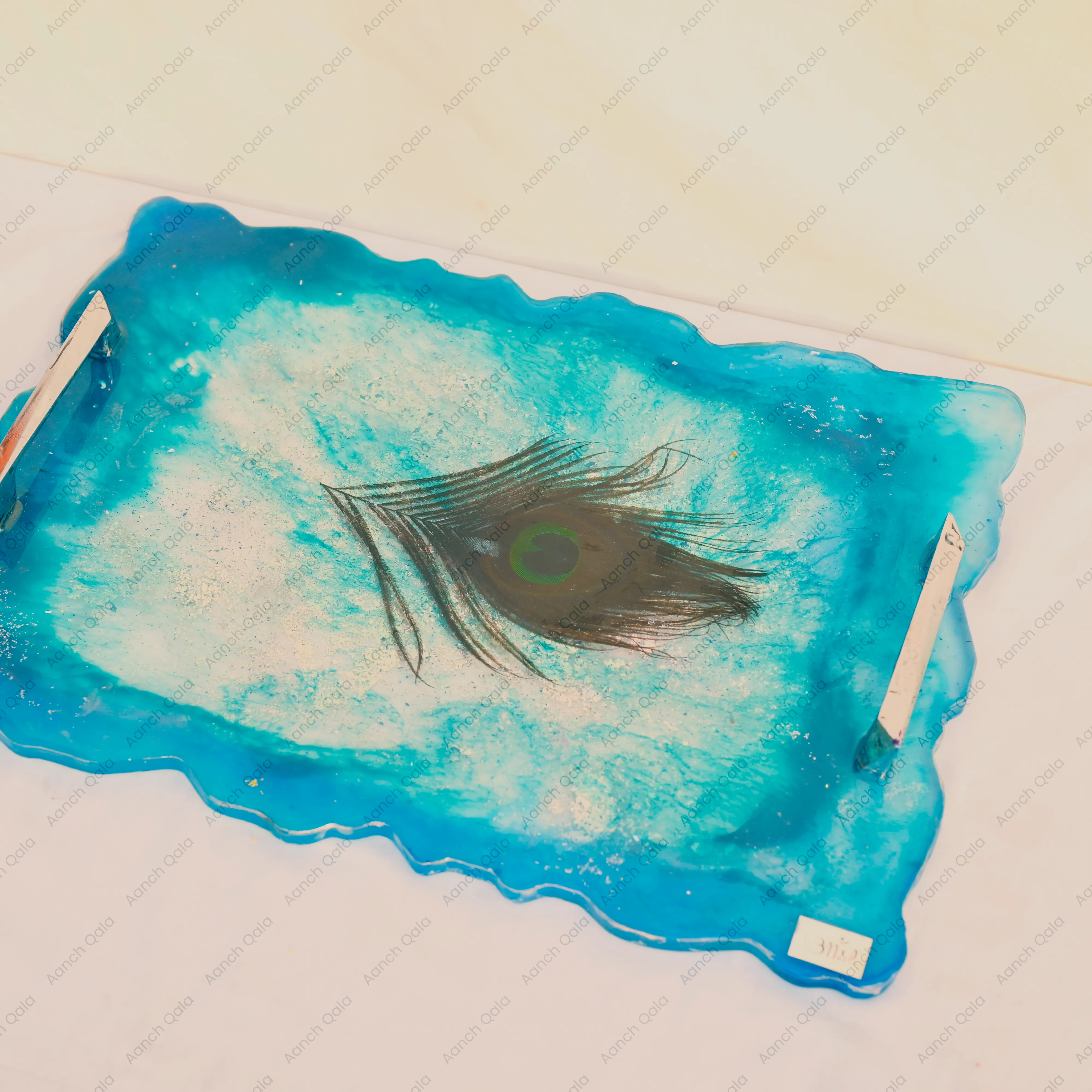 Hot Peacock feather resin tray with 4 coasters