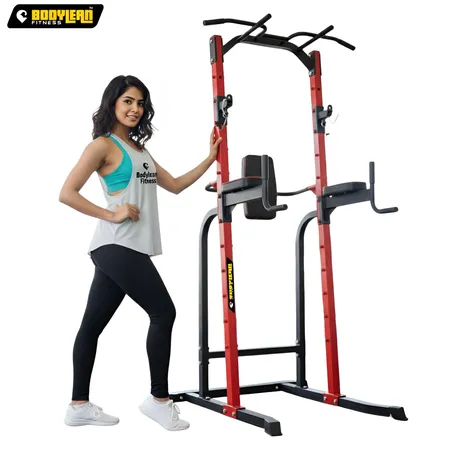 Power Tower Pull Up Station – Height Adjustable 220LB Heavy Duty Dip Stand For Home Gym, Multi-Functional Strength Training Equipment (35.4" X 42.5" X 78.5")