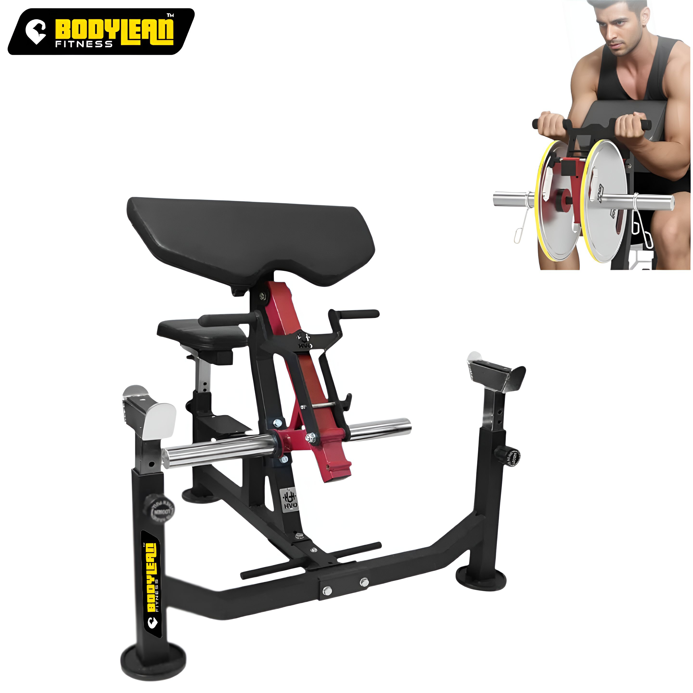 Plate Loaded Bicep Curl Machine with Barbell Rack Targets Biceps