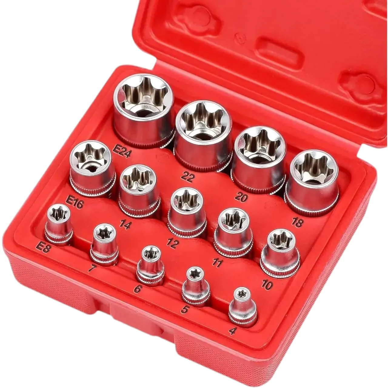 Chrome Vanadium Steel 14 Piece E Torx Premium Female Torx Socket Set Ultimate Star Socket Set Torque Socket Set External Torx Socket Set E4 E5 E6 E7 E8 E10 E11 E12 E14 E16 E18 E20 E22 E24