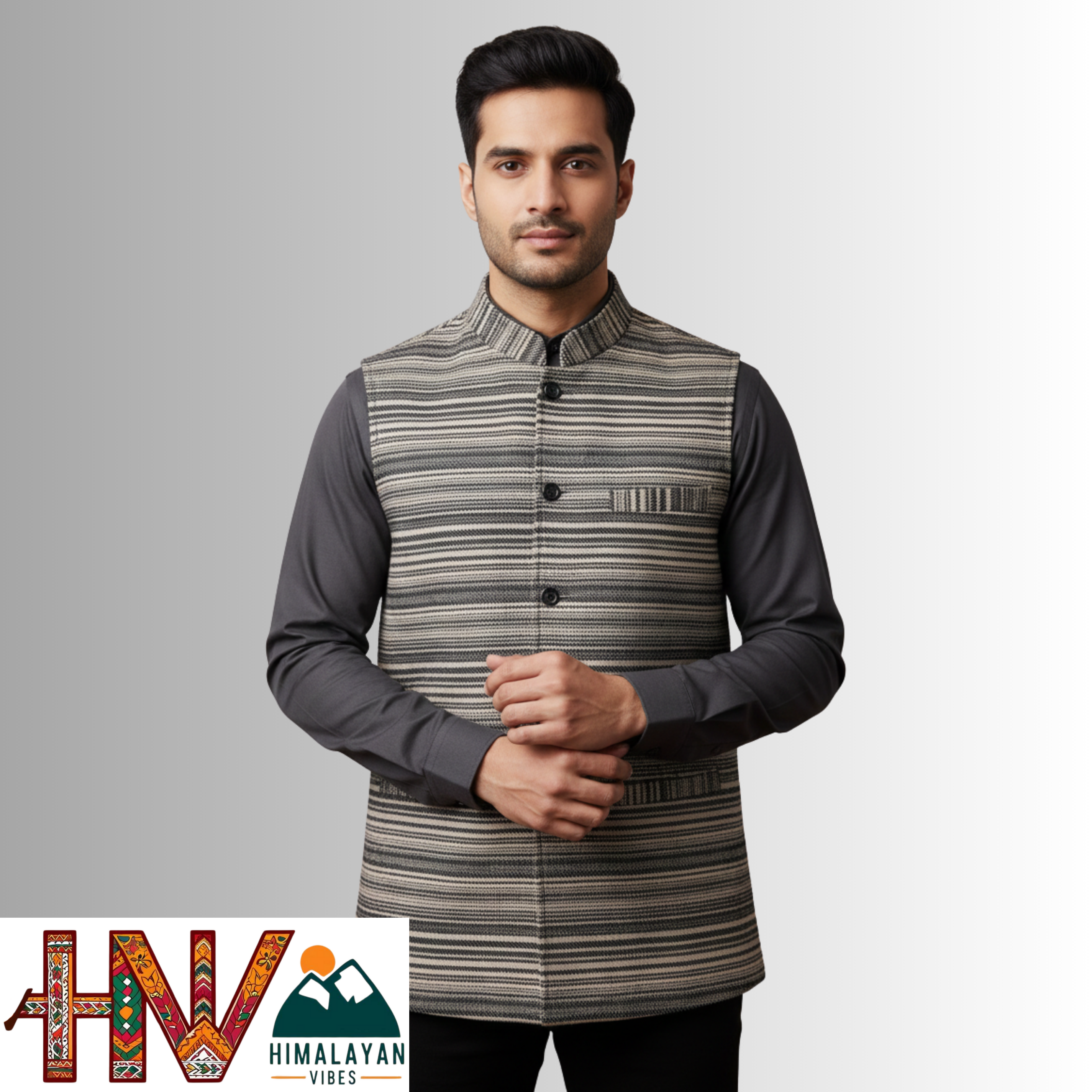 Handcrafted Himalayan Vibes Stone grey Woolen Nehru Jacket for Men |  Traditional Himachali Craft | Stylish Winter & Formal Wear