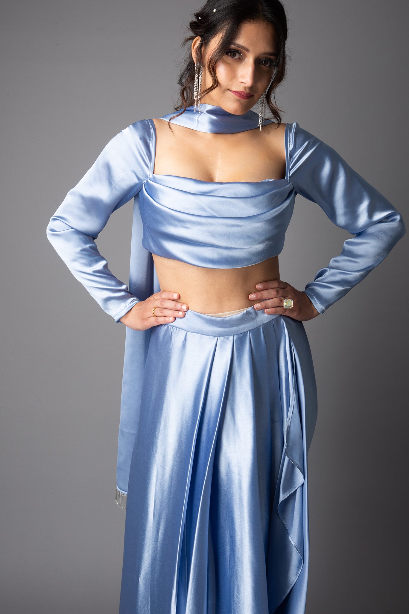 Full sleeve draped top with Draped skirt indo western set Lilac blue