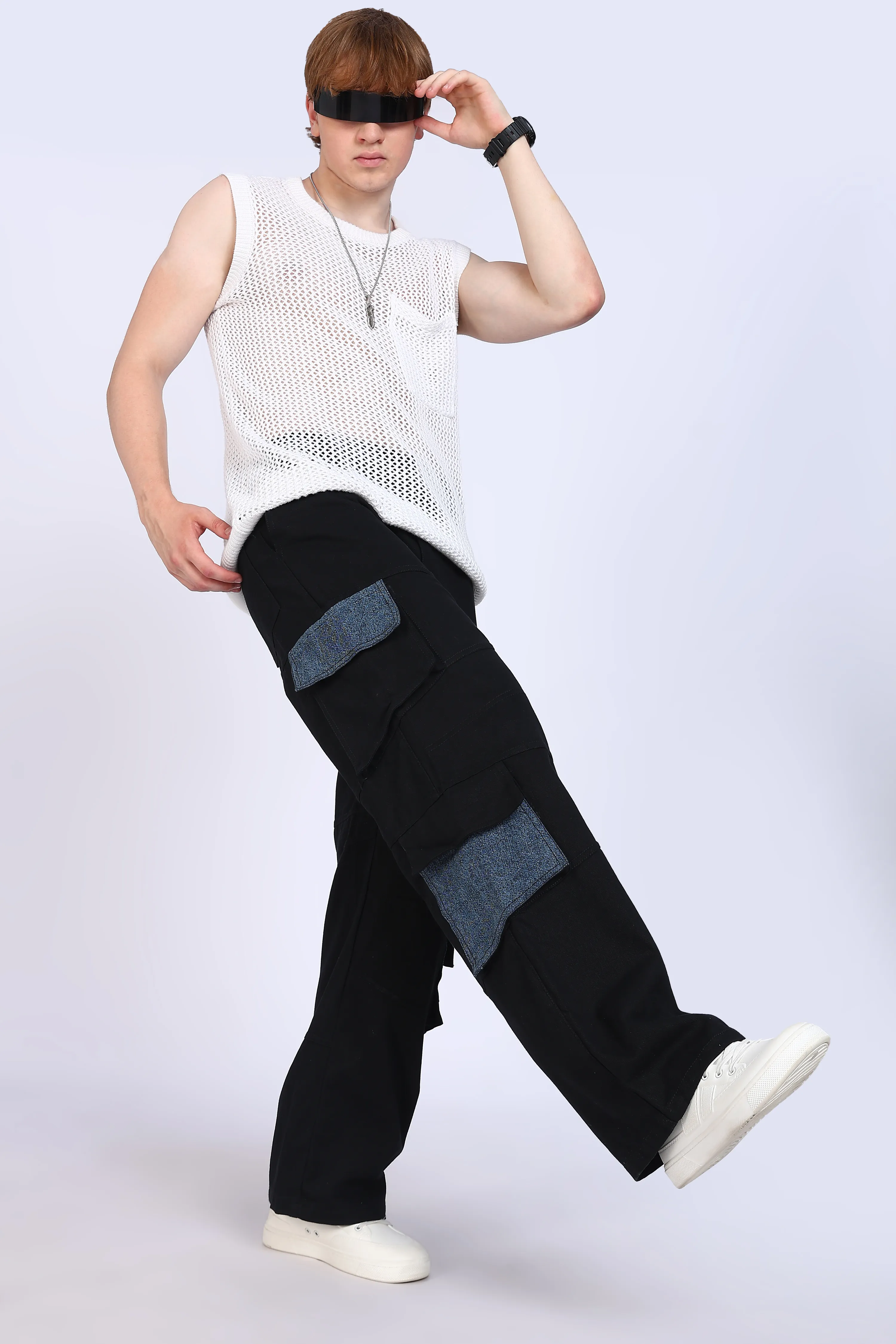 Urban Black Twill Cargo Pants with Washed Denim Pockets | 250 GSM