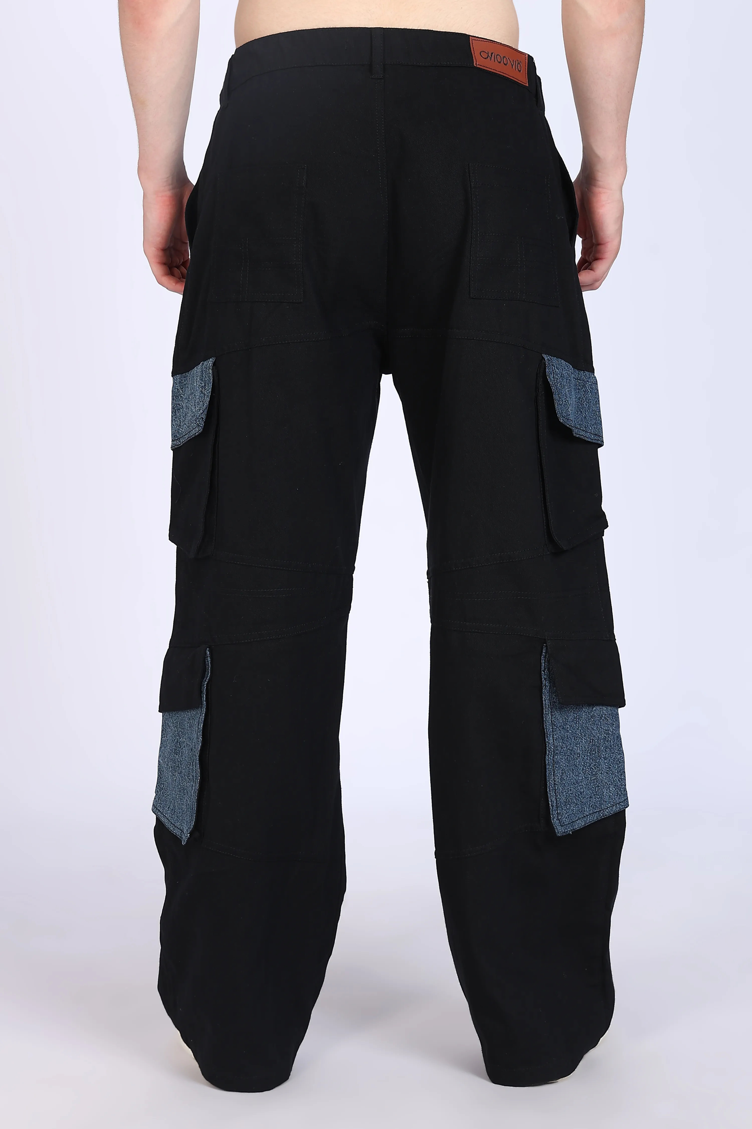 Urban Black Twill Cargo Pants with Washed Denim Pockets