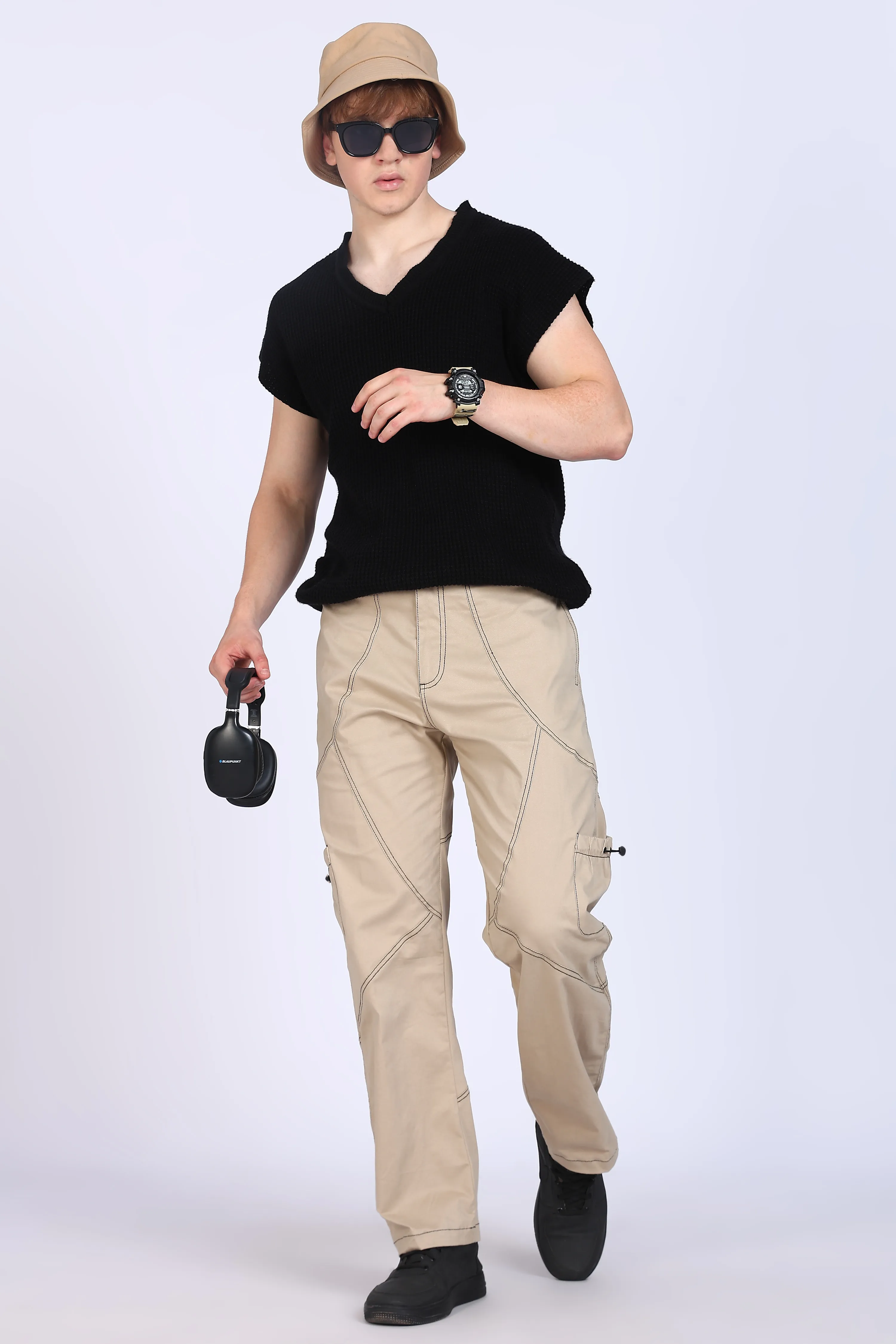 Beige Stretch Twill Cargo Pants with Utility Pockets 250 GSM