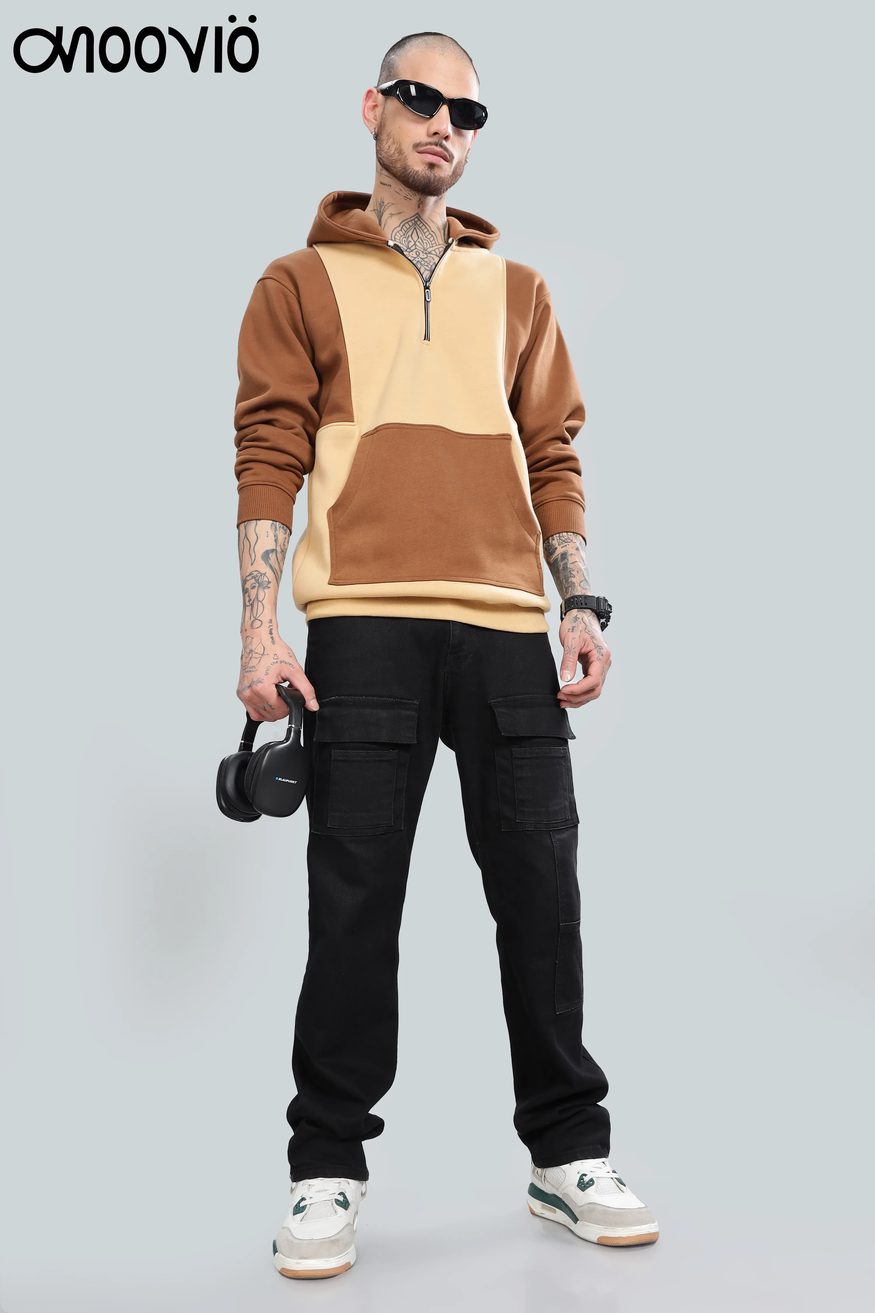 Men's Brown Beige Colorblock Hoodie – Moovio Half-Zip Streetwear