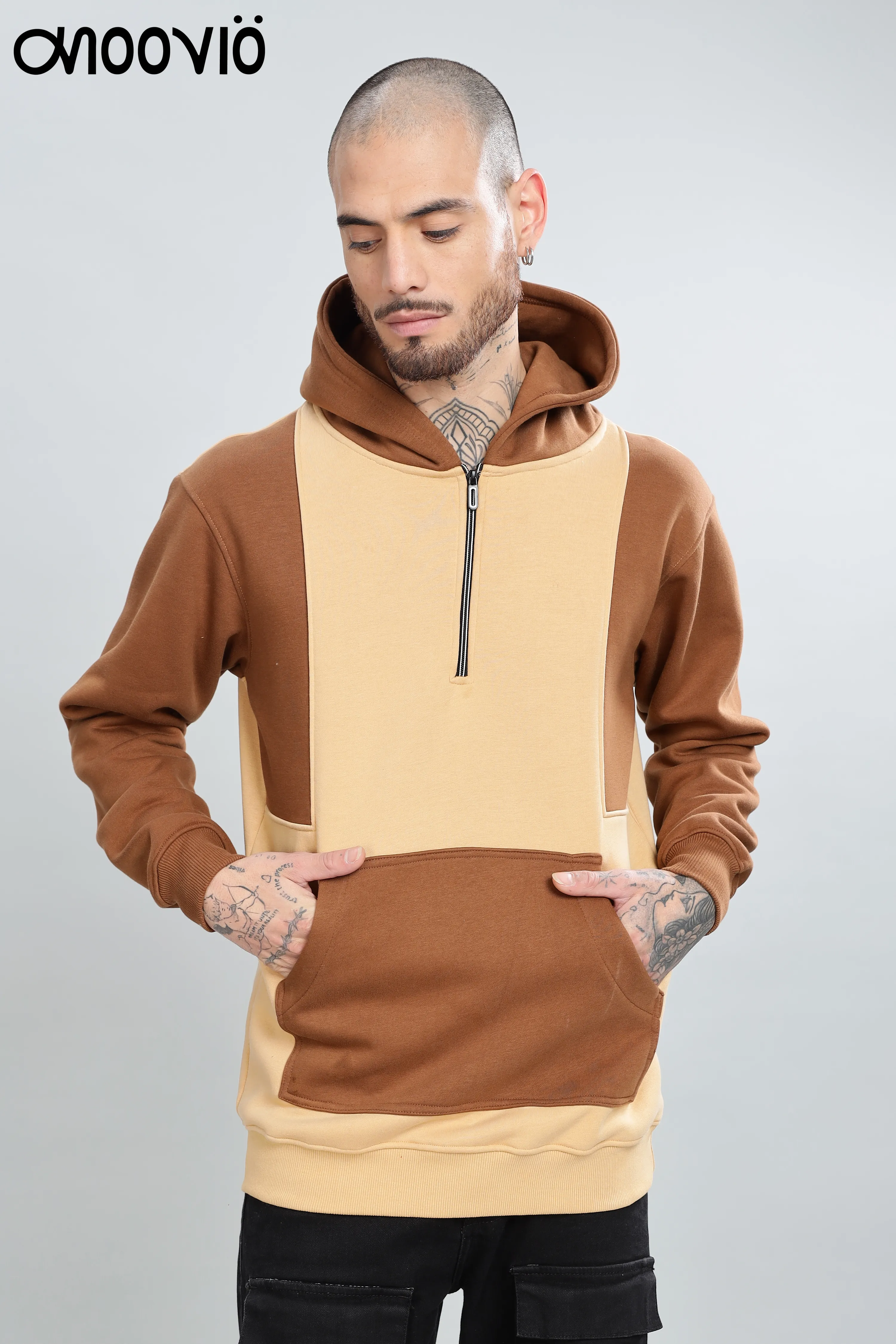 Men's Brown Beige Colorblock Hoodie – Moovio Half-Zip Streetwear