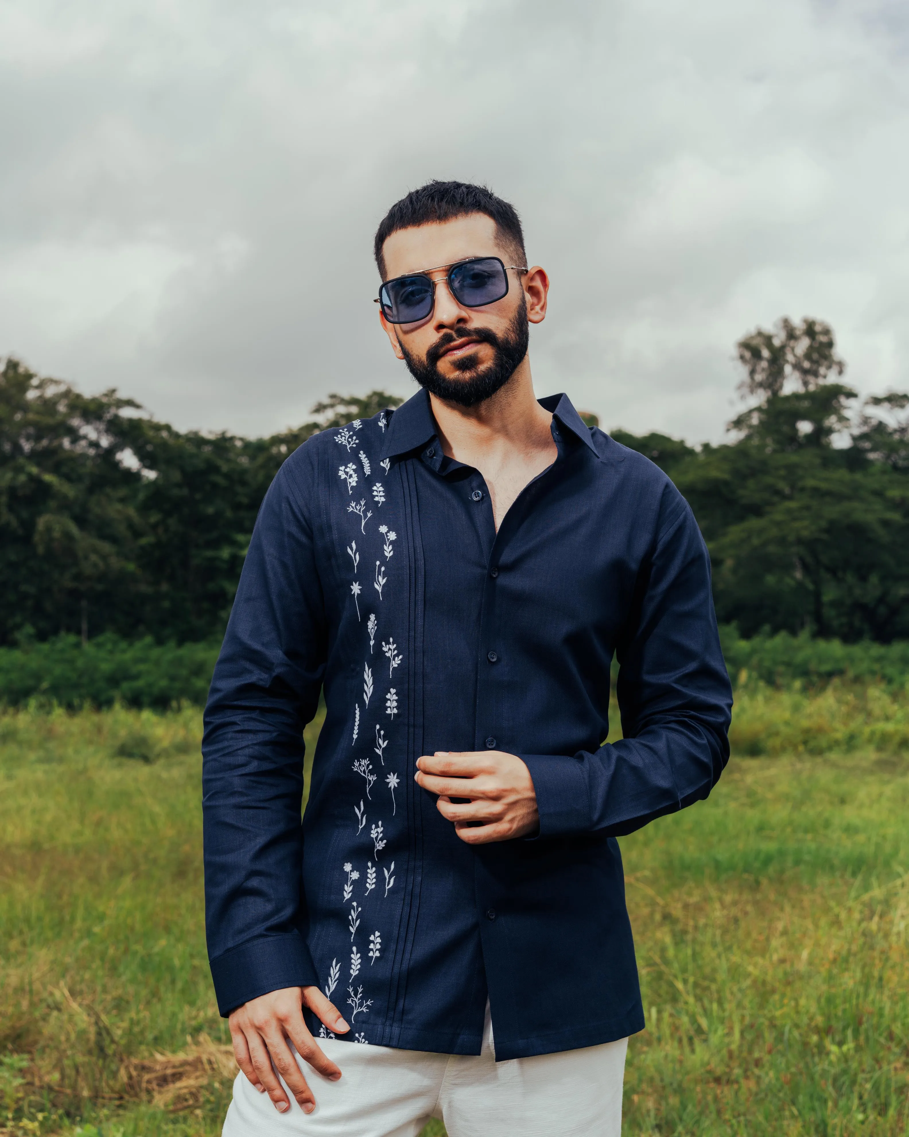 Buy Navy shirt for men's with – Floral Embroidery Ivory Spark