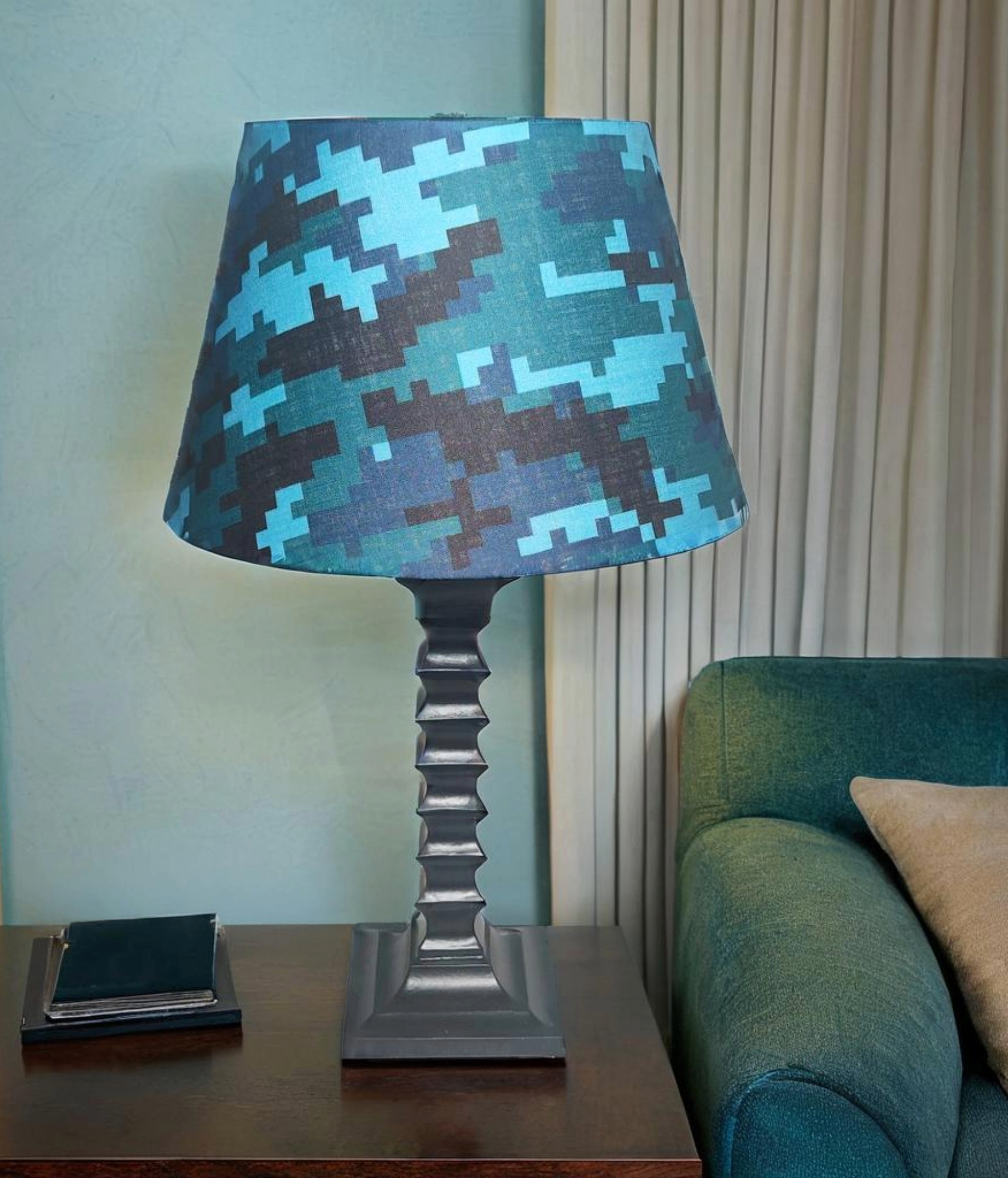 Pixie Wooden Table Lamp with Blue Camo Shade