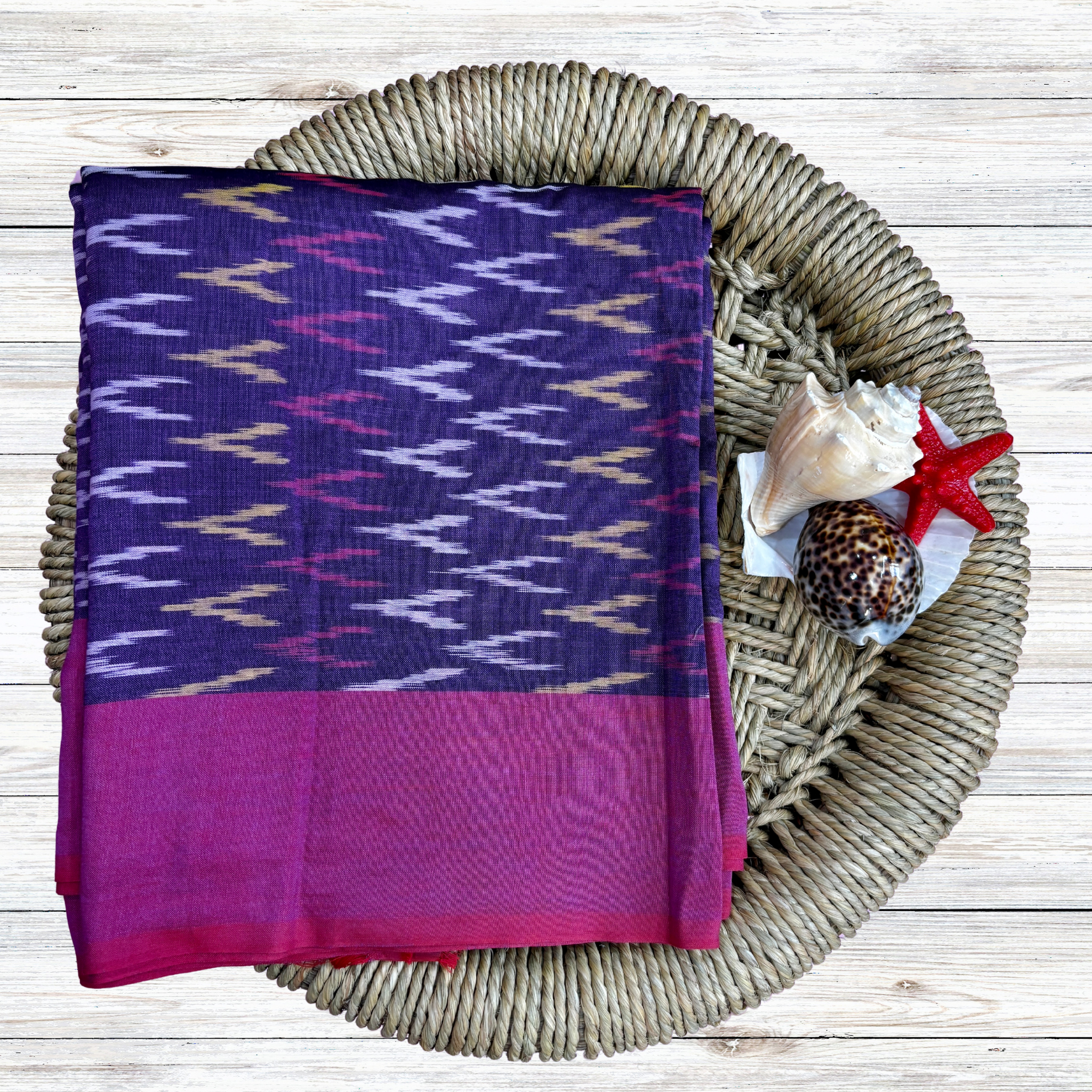 Ikkat Lavender Saree with Pink Border Cotton Silk Saree