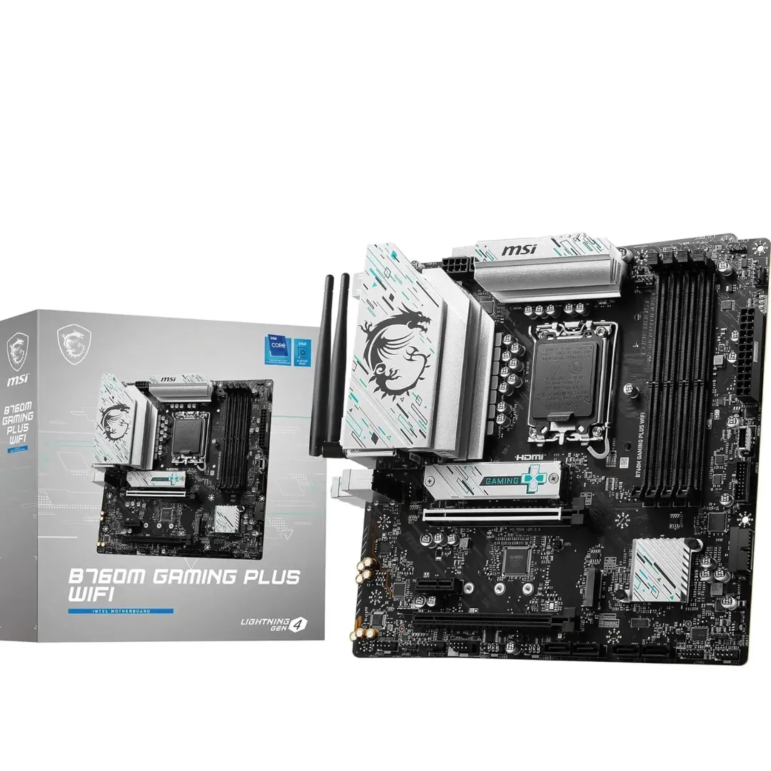MSI B760M GAMING PLUS WIFI BLACK Motherboard: Supports Intel 14th, 13th & 12th Gen Core Processors, LGA 1700 - DDR5 Memory Boost, PCIe 4.0, 2 x M.2 Gen4, 2.5G LAN, Wi-Fi 6E MSI B760M GAMING PLUS WIFI BLACK Motherboard: Supports Intel 14th, 13th & 12th Gen Core Processors, LGA 1700 - DDR5 Memory Boost, PCIe 4.0, 2 x M.2 Gen4, 2.5G LAN, Wi-Fi 6E